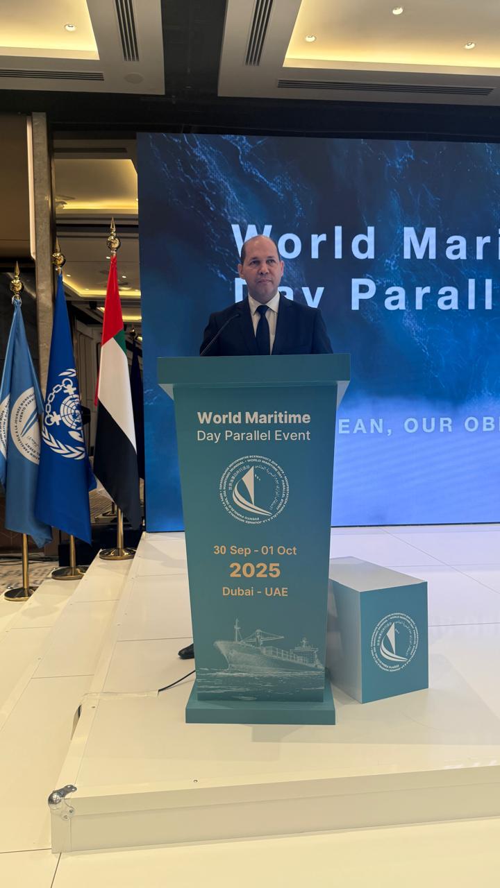 Speaker at a podium during the World Maritime Day parallel event in Dubai