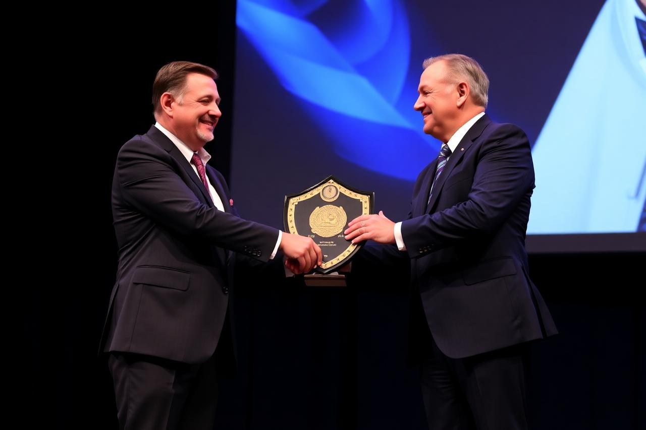 Memorial shield presented on stage between two executives