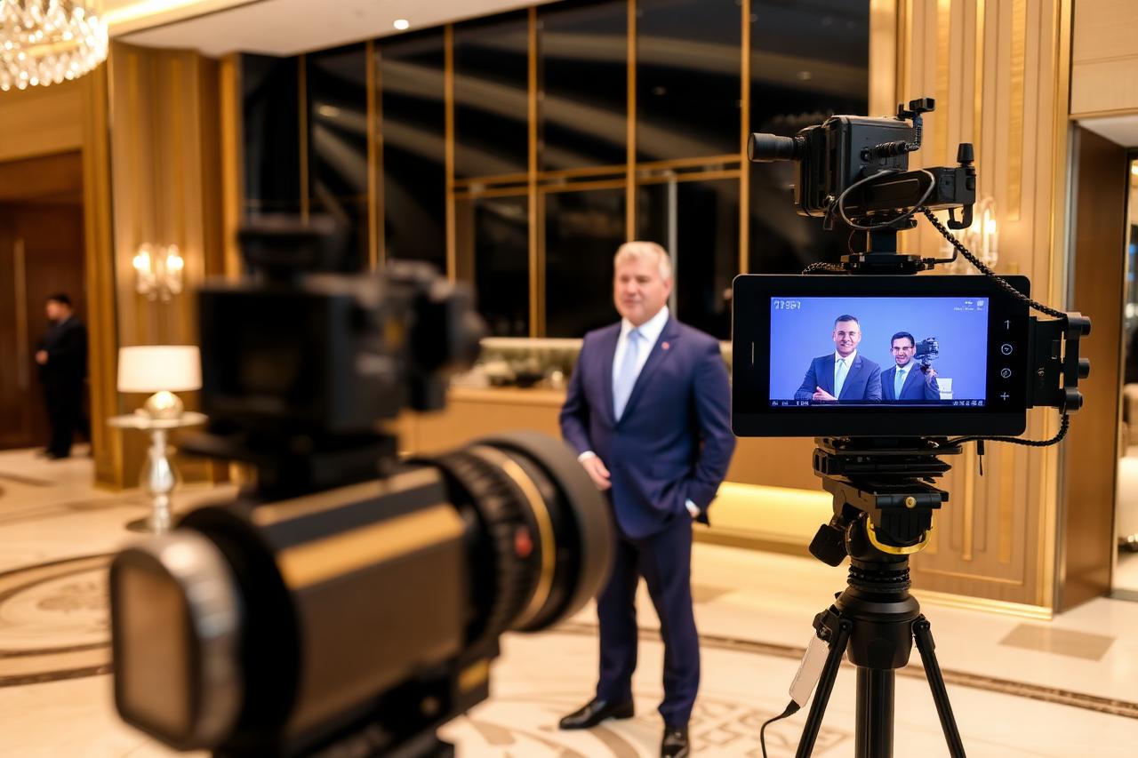 Broadcast camera filming a television interview in a hotel lobby