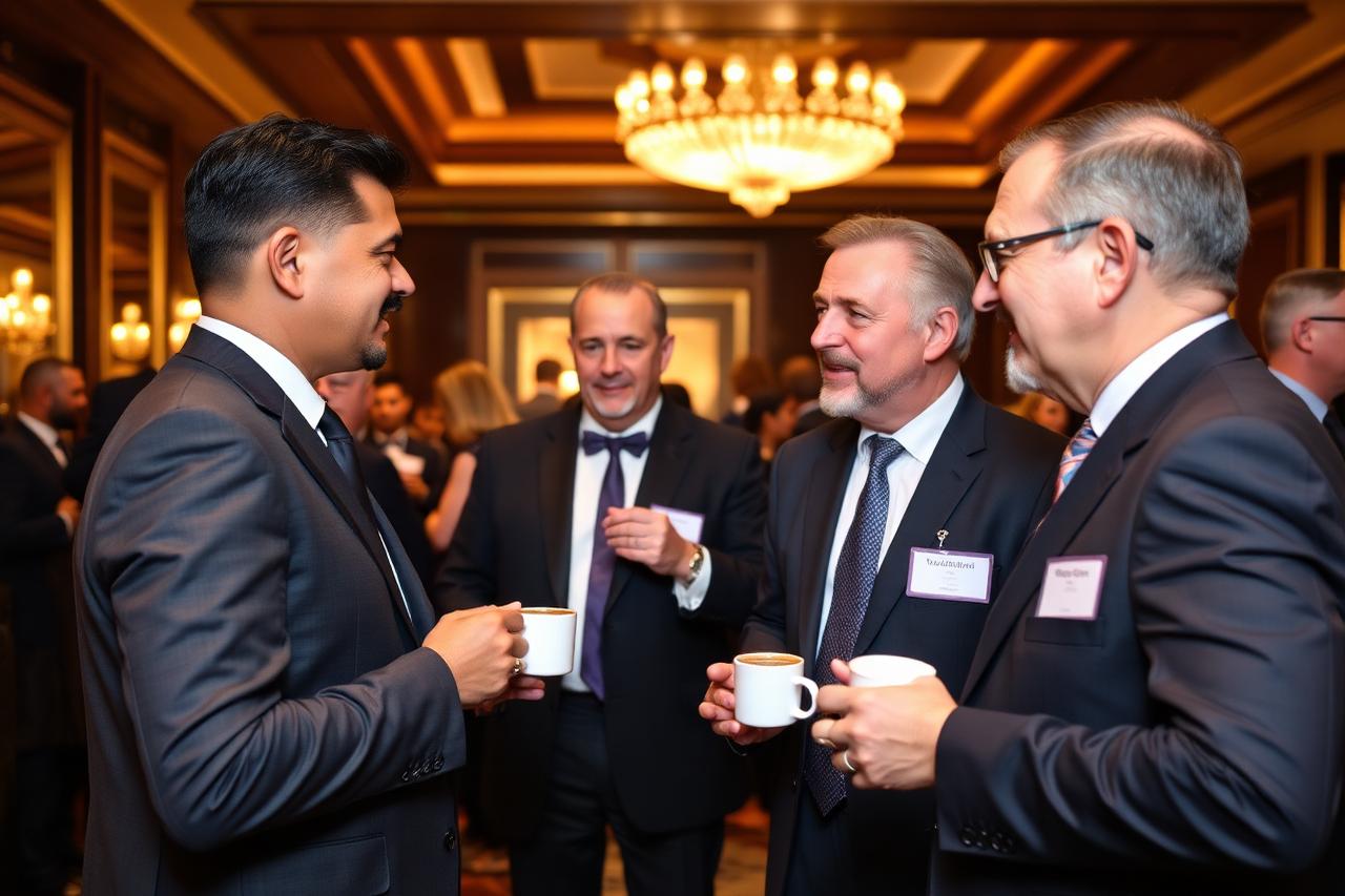 Businessmen and investors networking at an evening reception