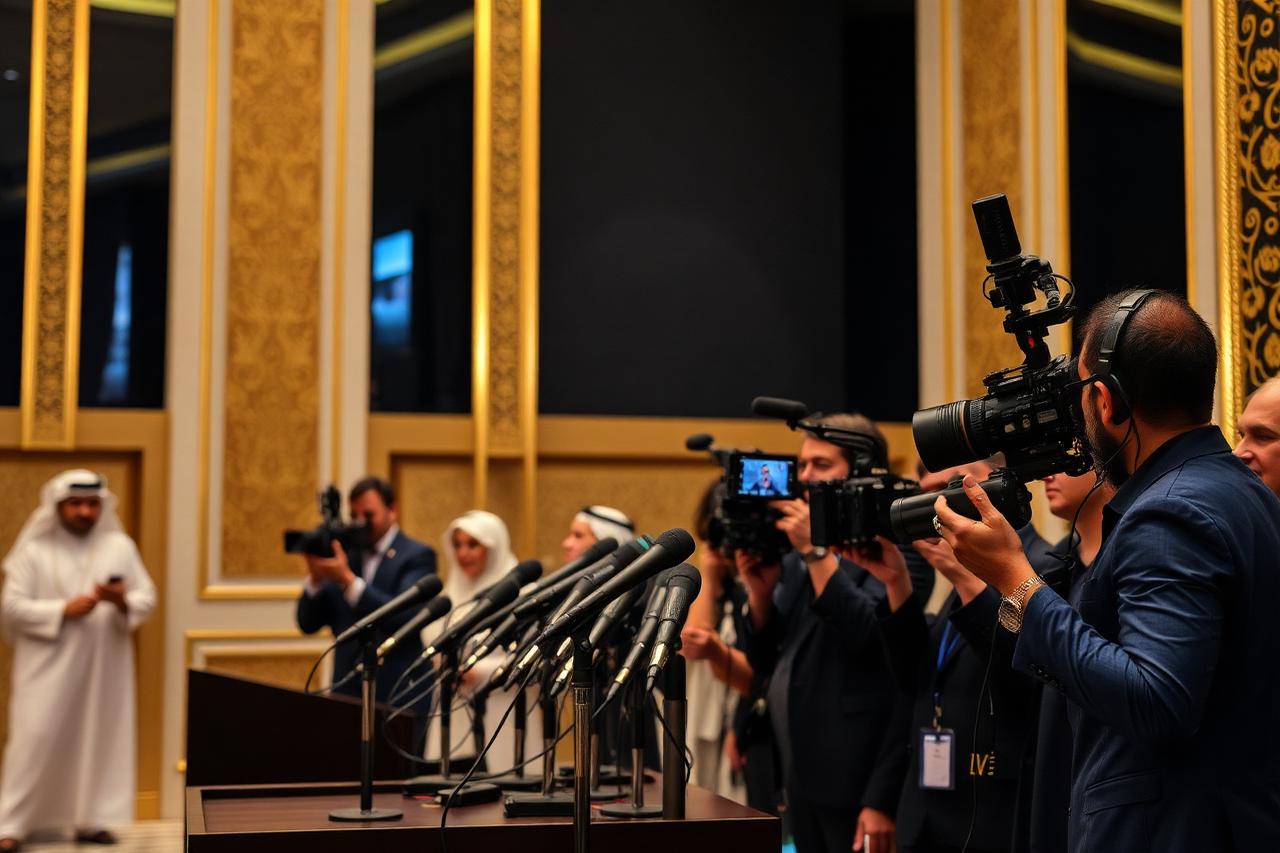 Microphones and broadcast cameras at the forum press conference